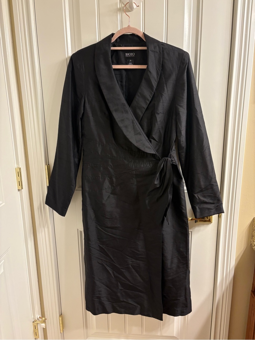 Bigio Collection Black Silk Wrap Dress Coat Dress Long Sleeve Size 8 LBD Msrmnts